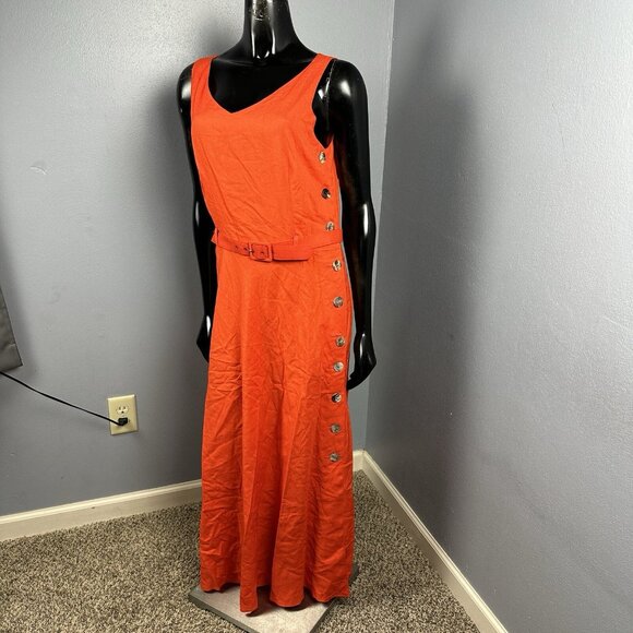 Vtg Claude Rene Orange Linen Side Button Sleeveless Dress Maxi Belt Sz 14 New - Picture 3 of 15